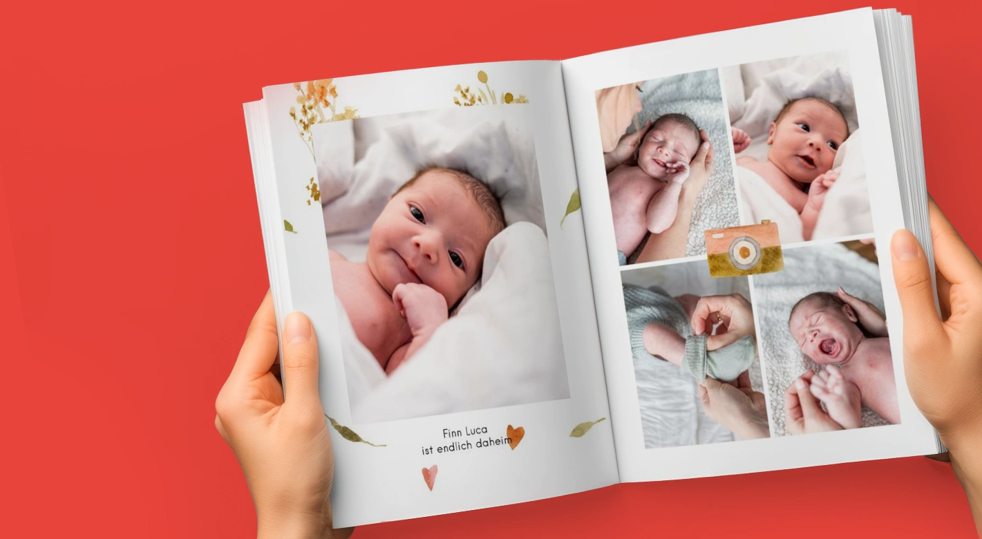 Baby Fotobuch mit den schönsten ersten Momenten festhalten Baby Fotobuch mit den ersten Fotos von Finn Luca – liebevolle Erinnerungen an die ersten Tage.