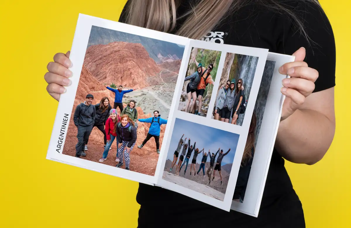 Abenteuerliche Wandergruppe in Argentinien im personalisierten Gruppenreise-Fotobuch festgehalten.