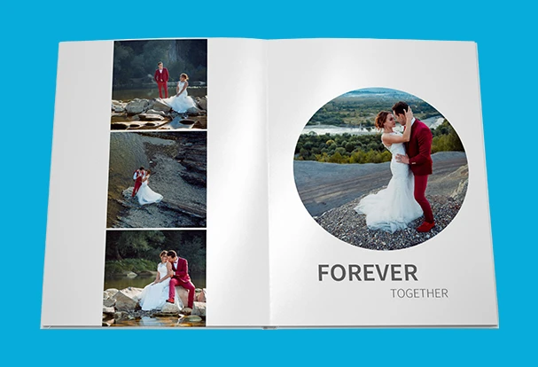 Hochzeitsfotoalbum gestalten mit individuellen Layouts und eigenen Bildern Aufgeschlagenes Hochzeitsfotoalbum mit Collage aus Hochzeitsbildern und großem Paarfoto im Kreisformat