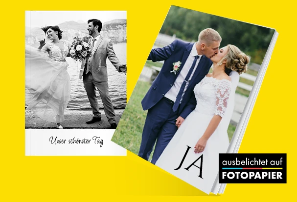 Hochzeitsfotobuch gestalten mit individuellen Coverdesigns und eigenen Fotos Zwei Hochzeitsfotobuch Cover mit Brautpaar, Schriftzügen und persönlichem Titel auf hochwertigem Fotopapier