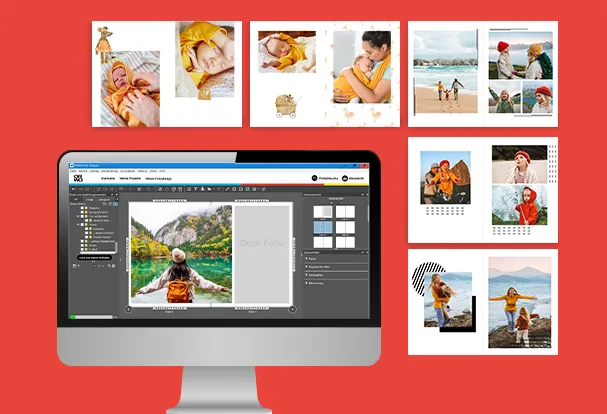 Hochzeitsfotobuch einfach online gestalten mit vielfältigen Layoutideen Bildschirm mit Gestaltungssoftware für ein Hochzeitsfotobuch sowie verschiedene Layoutvorlagen und Designideen