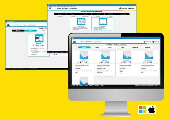 Hochzeitsfotobuch online gestalten mit Software und vielfältigen Optionen Gestaltungssoftware auf Computerbildschirm zur Erstellung eines Hochzeitsfotobuchs mit Auswahl von Formaten, Preisen und Layoutoptionen