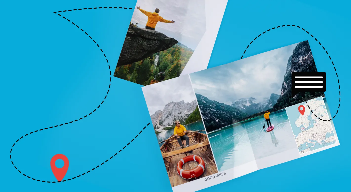 Kreatives Fotobuch mit Reisebildern und Landkarten im Album für persönliche Urlaubserinnerungen.