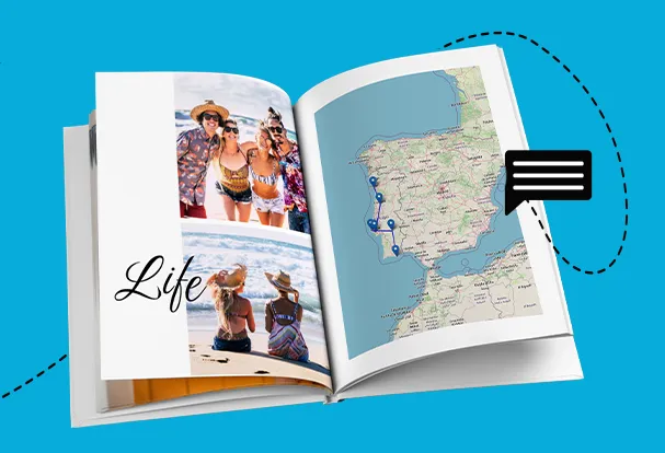 Landkarte im Reise-Fotobuch einfügen Reise-Fotobuch mit Fotos und integrierter Landkarte zur Darstellung einer Reiseroute im Layout.