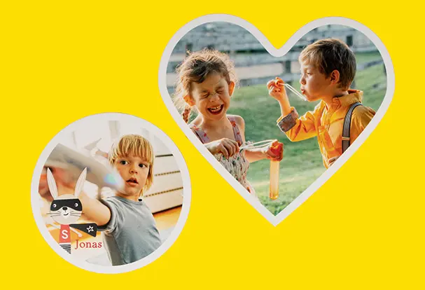 Mit Kinderfotos bedruckte Fotokacheln in verschiedenen Formen gibt’s bei ORWO Fotokacheln mit den schönsten Kinderfotos für die Kinderzimmerwand in Kreis- und Herzform