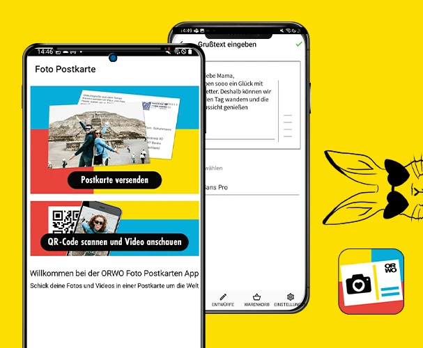 Ostergrüße verschicken mit der Postkarten-App von ORWO Mit unserer Postkarten-App Postkarten mit einem persönlichen Bild und einem schönen Gruß an Ostern versenden.