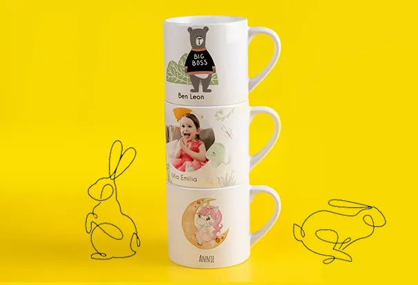 Ostergeschenke – Individuelle Kindertassen mit Namen zu Ostern Personalisierte Kindertassen mit Namen und Motiven als Ostergeschenke für Kinder.