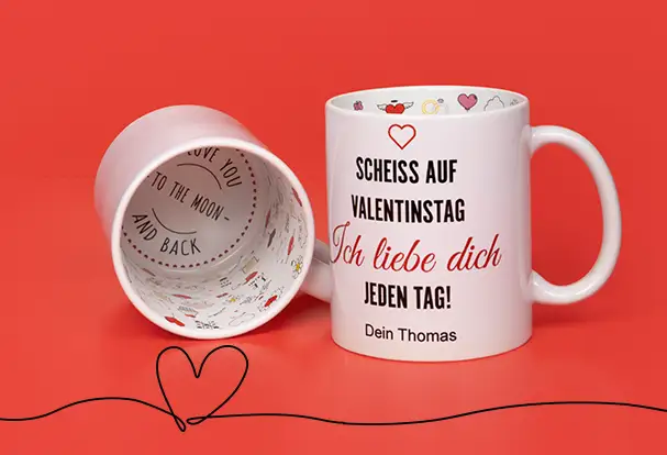 Fototasse Valentinstag Weiße personalisierte Tasse mit romantischem Spruch und Namen als individuelles Valentinstag Fotogeschenk.