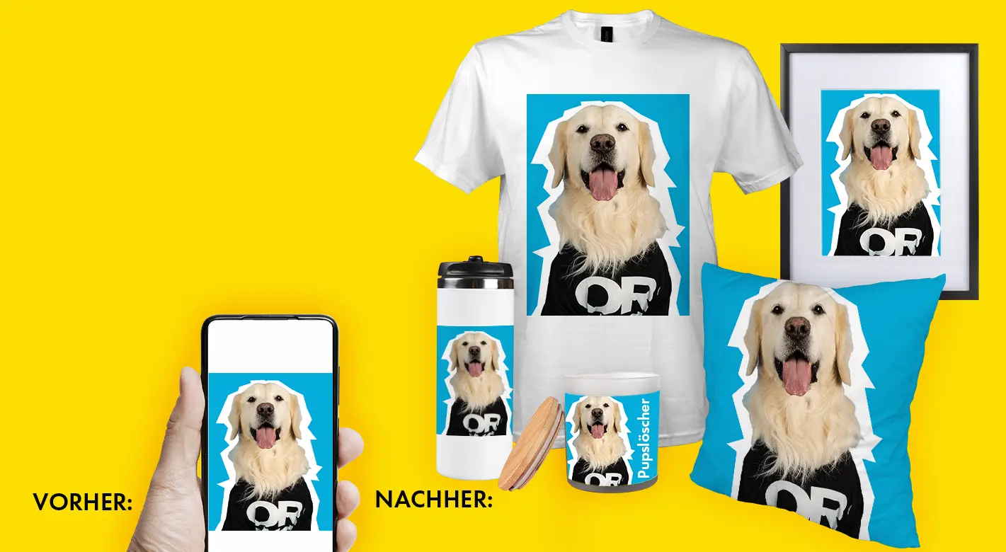 Vorschau personalisierter Fotoprodukte mit eigenem Foto – T-Shirt, Thermobecher, Poster und Kissen im Vorher-Nachher-Vergleich.