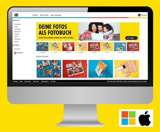 Ein Bildschirm zeigt die Startseite der kostenlosen Software ORWO Fotodesigner – die ideale Lösung zur Gestaltung persönlicher Fotoprodukte mit wenigen Klicks.
