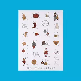 Adventskalender im Hochformat mit gezeichneten weihnachtlichen Illustrationen auf jedem Türchen. Gezeigt vor blauem Hintergrund.