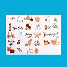 Adventskalender im Querformat mit gezeichneten weihnachtlichen Illustrationen auf jedem Türchen. Gezeigt vor blauem Hintergrund.