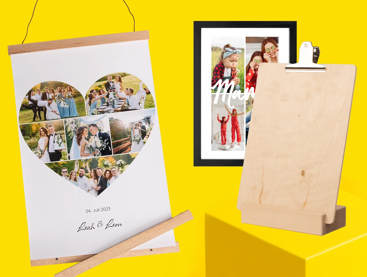Verschiedene Fotozubehör-Produkte: Posterleiste mit Herz-Collage, gerahmtes Bild und Holzaufsteller auf gelbem Hintergrund.