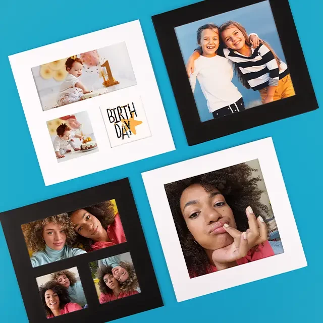 Magnet-Rahmen als stilvolle Fotogalerie – Bilder von Familie & Freunden perfekt in Szene gesetzt Magnet-Rahmen in Weiß und Schwarz, gefüllt mit glänzenden Fotos von Freundinnen und Familie.