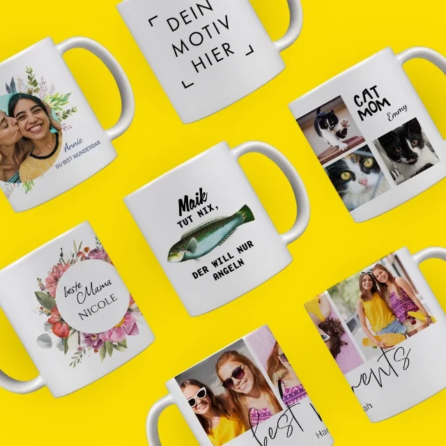 Fototasse, verschiedene Bildformate und Designs möglich Zu sehen sind zahlreiche Designvorlagen, welche du zum Gestalten nutzen kannst. Wähle eine aus, füge Foto oder Namen hinzu und schon können wir deine Tasse bedrucken.