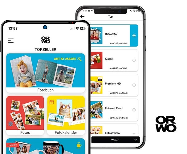 Retro Fotos mit deinem Handy über die ORWO FOTO-App bestellen: Zwei Smartphones, eins zeigt die Startseite und eins die Fotoübersichtsseite, Retrofoto ausgewählt.