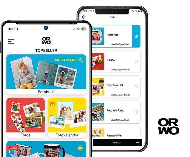 Retrobilder in der ORWO FOTO-App ausbelichten lassen Retro Fotos mit deinem Handy über die ORWO FOTO-App bestellen: Zwei Smartphones, eins zeigt die Startseite und eins die Fotoübersichtsseite, Retrofoto ausgewählt.