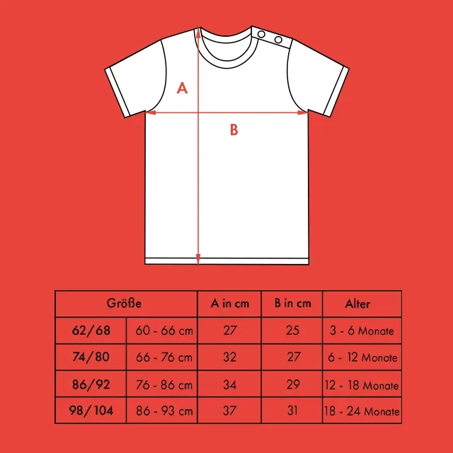 Babyshirt mit Namen, Größentabelle, Alter: 3 - 24 Monate Du willst ein Babyshirt bedrucken lassen? Dann schau in die Größentabelle, damit du gleich die richtige Größe wählst und wir kein Shirt umsonst bedrucken müssen.