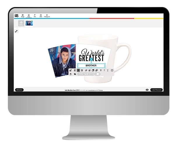 Eine Foto-Kaffeetasse kannst du auf verschiedene Wege gestalten. Zum Beispiel in unserem ausgeklügelten Online-Designer, der viele hilfreiche Tools bietet.