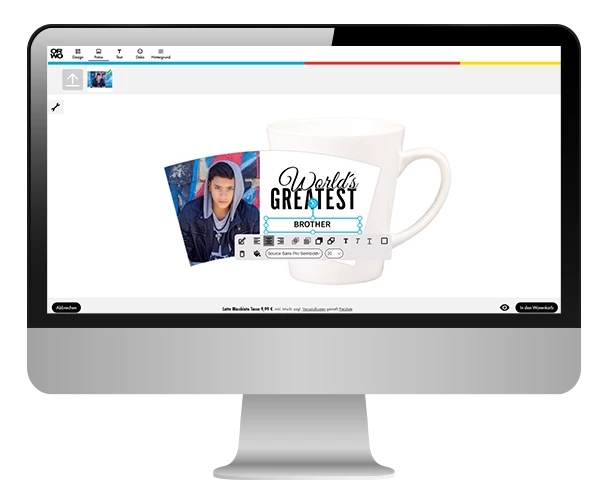 Kaffeetasse gestalten, online selbst gestalten, hochwertig Eine Foto-Kaffeetasse kannst du auf verschiedene Wege gestalten. Zum Beispiel in unserem ausgeklügelten Online-Designer, der viele hilfreiche Tools bietet.
