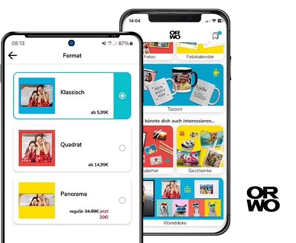 Gestalte deine Fotoleinwand mit der ORWO FOTO-App auf dem Handy. Wähle Format, Größe und Rahmendicke und lasse dein Lieblingsfoto auf eine Leinwand drucken.
