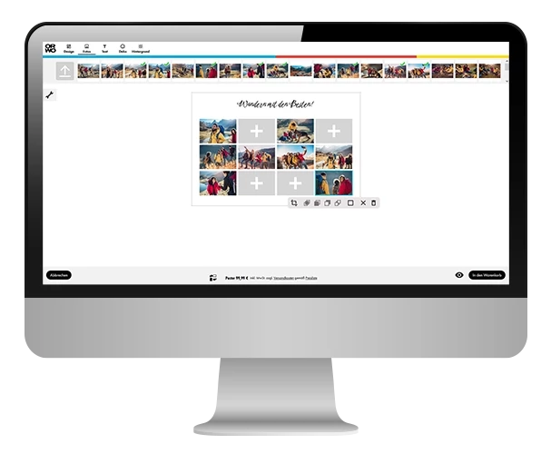 Ein Bildschirm eines Rechners, welches den Composer von ORWO zeigt, in dem gerade ein Foto als Poster mit einer hochwertigen Designvorlage gestaltet wird.