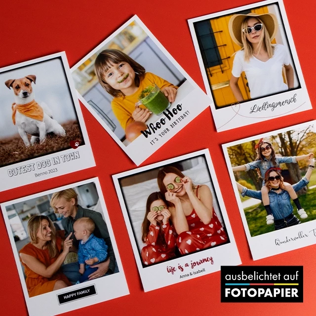 Retro Prints mit deinen Momenten, Fotopapier ausbelichtet Retro Fotos bestellen: Als Porträt, von der Familie, den Kindern oder dem Haustier, ausbelichtet auf Fotopapier, individuell mit passendem Text gestaltet.