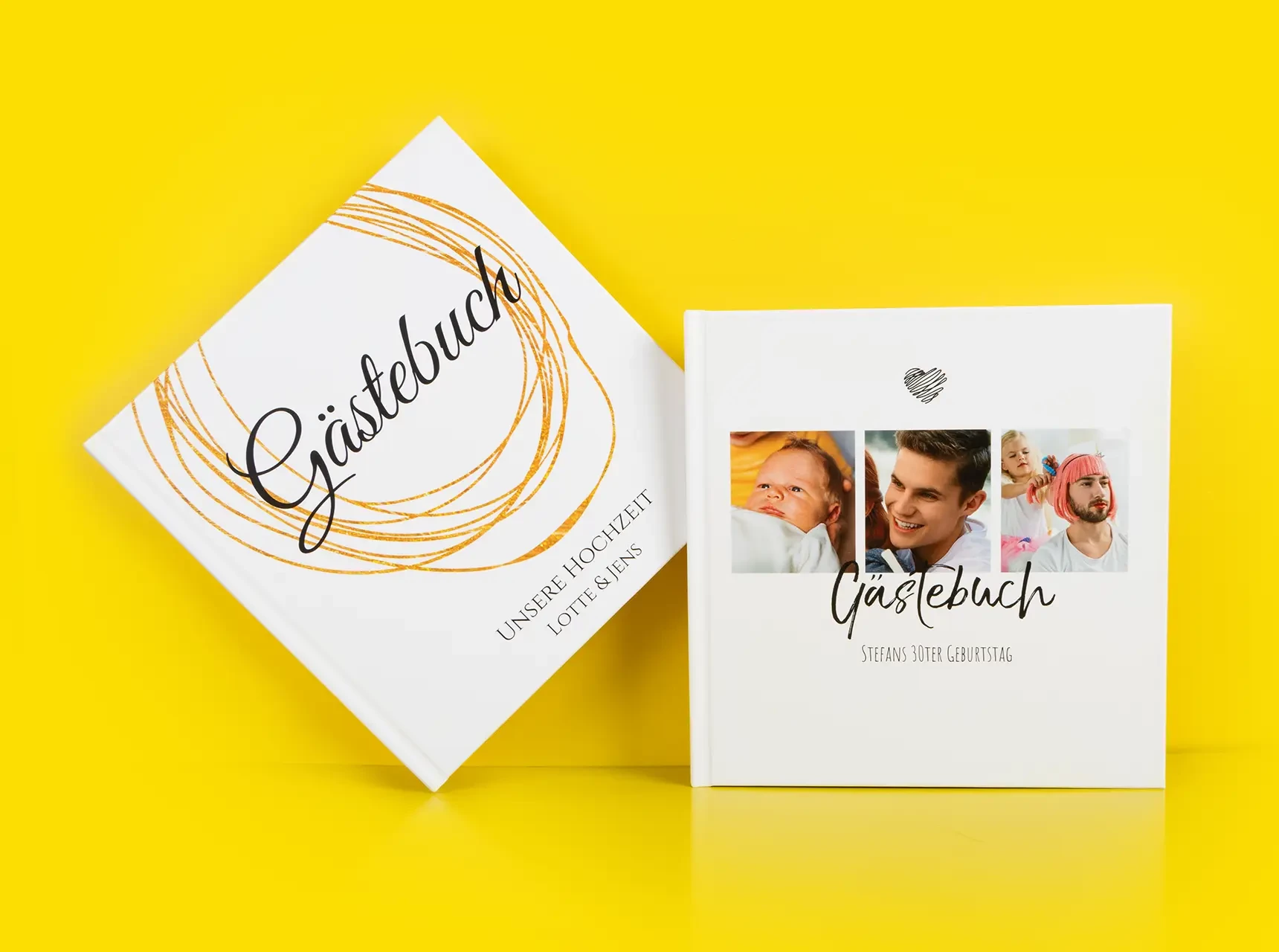 Quadratische, klassische Gästebücher, mit verschiedenen Designs. Du kannst Designvorlagen nutzen, oder komplett allein kreativ werden mit dem Designer von ORWO.