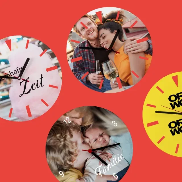 Fotouhr mit zahlreichen Designvorlagen selbst gestalten Eine Wanduhr mit oder ohne Ziffern? Eine Wanduhr mit Foto oder mit Text? Du entscheidest selbst, wie deine Uhr am Ende aussehen soll und hast volle Kontrolle.