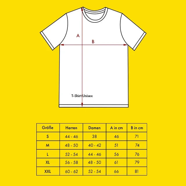 Größentabelle für ORWO Merch. Vergleiche die Größen, bevor du dein Shirt bestellst, damit dir dein neues Schwarz-Weiß-Designershirt von ORWO auch direkt perfekt passt.