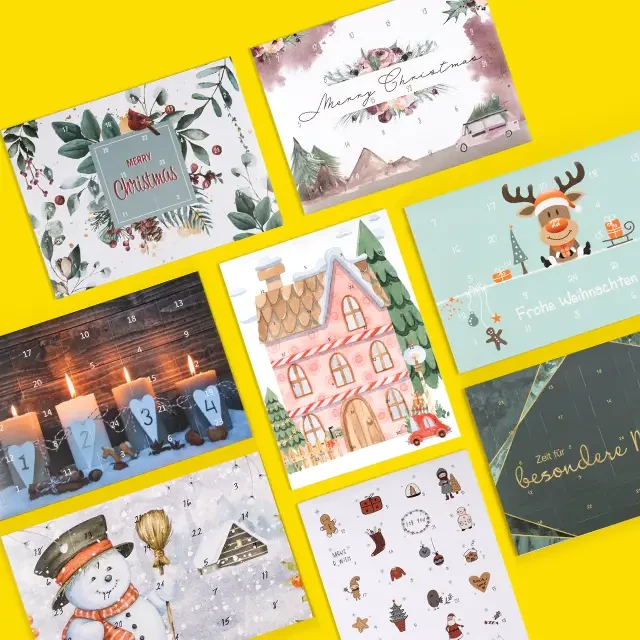 Bilder-Adventskalender im Hoch- oder Querformat Verschiedene kreative Adventskalender mit Foto, darunter Designs für Hoch- oder Querformat.