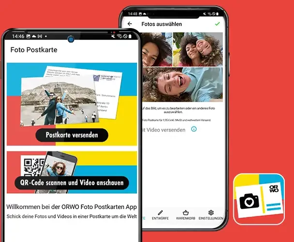 Möchtest du Postkarten gestalten und versenden? Dann kannst du das mit der ORWO-Postkarten-App machen. Erhältlich im Google Play Store und im iOS-Appstore.
