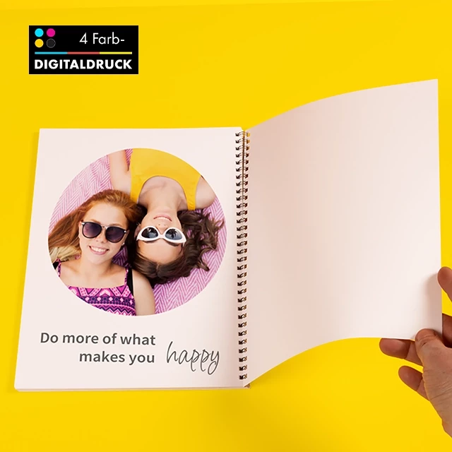 Fotobuch mit silberfarbene Spiralbindung, Digitaldruck Fotobuch online erstellen mit silberfarbener Spiralbindung. Dein Lieblingsmotiv und -text wird im 4-Farb Digitaldruckverfahren gedruckt. Fotobuch im Hochformat.