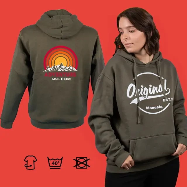 Hoodie selbst gestalten, beidseitig, waschbar bei 40°C Wenn du bei ORWO einen Hoodie bedrucken lassen möchtest, hast du die Möglichkeit, diesen beidseitig zu gestalten. Außerdem ist er bei 40°C problemlos waschbar.