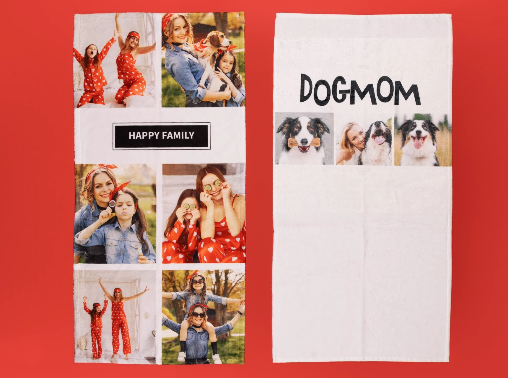 Zwei Handtücher mit je einer anderen Designvorlage. Beide zeigen Designs mit mehreren Bildern und einem Schriftzug. Gestalte jetzt dein Handtuch mit Foto.