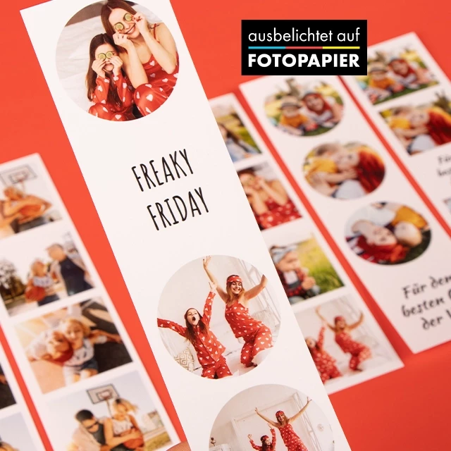 4 coole Mini Prints, ausbelichtet auf Fotopapier, Retro Fotostreifen mit 4 Mini Bildern. Verschiedene Designvorschläge für Schriftzüge sowie runde und eckige Rahmen. Die Mini Fotos kannst du bei ORWO bestellen.