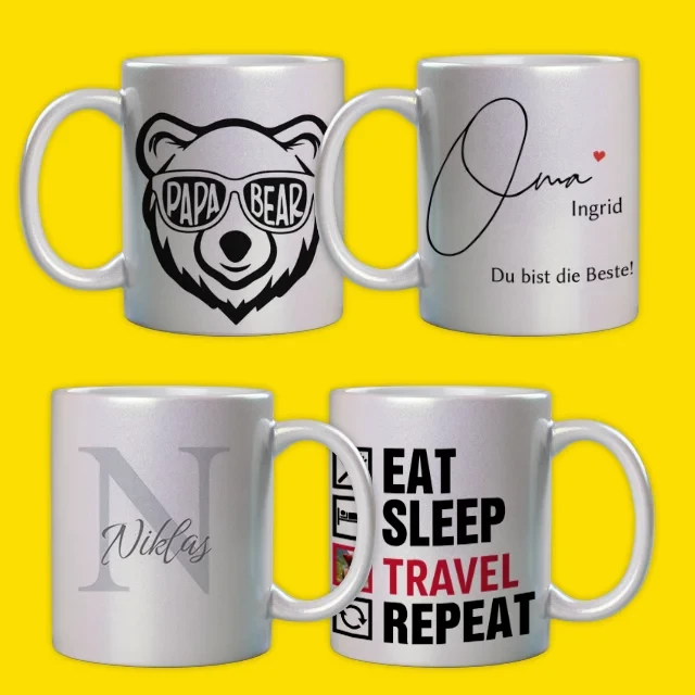 Perlmutt Tasse mit Foto oder Spruch, viele Designs Vier Perlmutt Tassen mit Foto oder Spruch, die verschiedene Designs zeigen. Nutze unsere Vorlagen zum Gestalten.