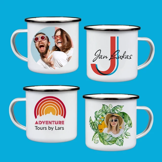 Emaille Tasse bedrucken, verschiedene Designvorlagen Emaille Tasse selbst gestalten nach eigenen Vorstellungen. Wie du deine Ideen umsetzt, ist dir überlassen. Komplett selbst gestalten oder unsere Vorlagen nutzen?