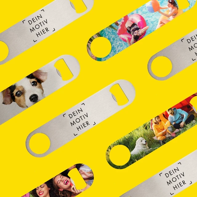 Flaschenöffner personalisiert, einseitig und vollflächig Eine Vielzahl von personalisierten Flaschenöffnern mit verschiedenen Motiven. Wie du siehst, kann der Flaschenöffner einseitig und vollflächig bedruckt werden.