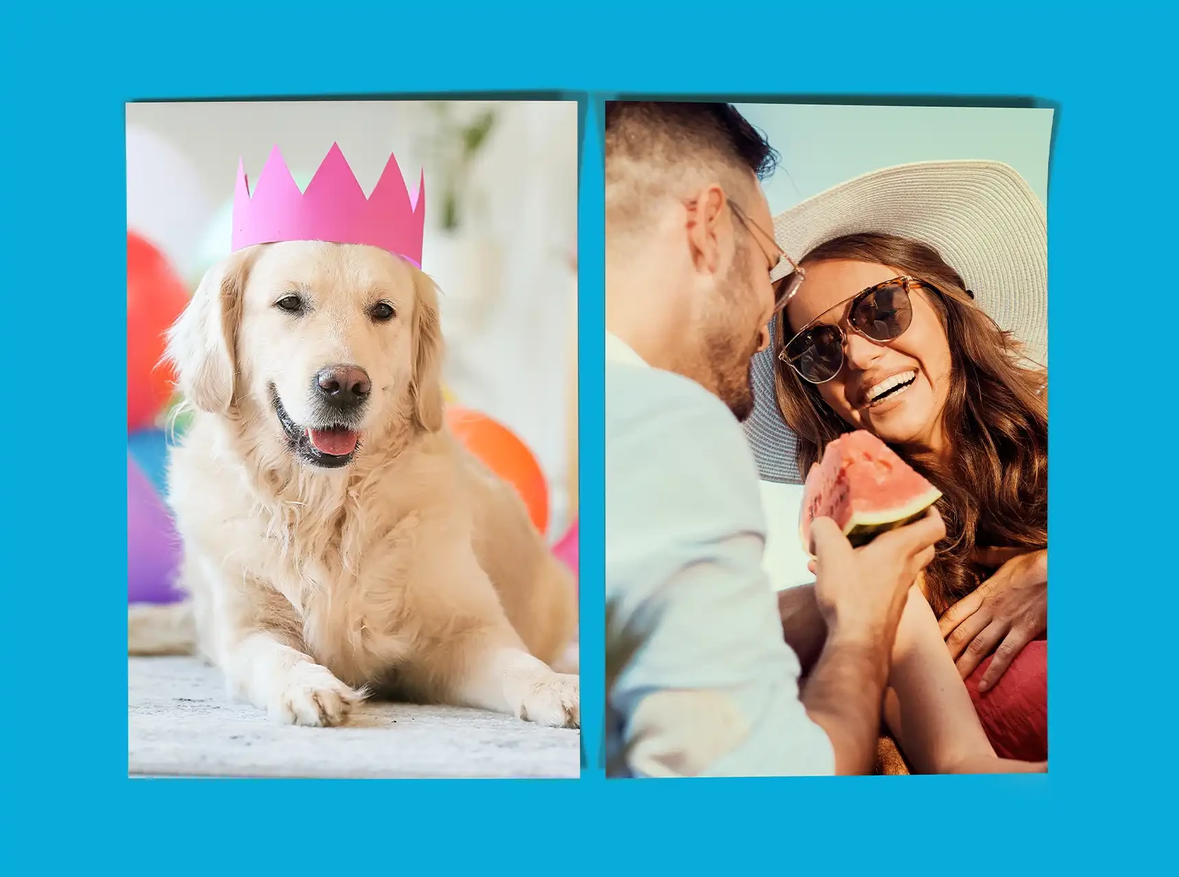 Zwei liegende Poster auf blauem Untergrund. Beide zeigen ein vollflächiges Foto auf Poster.