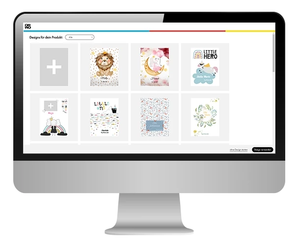 Ein Bildschirm mit dem Online-Designer von ORWO. Zu sehen ist eine Auswahl von tollen Designvorlagen und fertigen Designs, die du für deine Fotodecke wählen kannst.