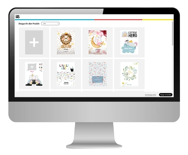 Decke mit Foto bei ORWO einfach gestalten und bestellen Ein Bildschirm mit dem Online-Designer von ORWO. Zu sehen ist eine Auswahl von tollen Designvorlagen und fertigen Designs, die du für deine Fotodecke wählen kannst.
