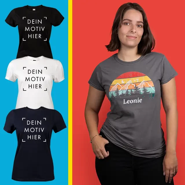 Foto T-Shirt, leicht körperbetonte Passform, hochwertig Jetzt T-Shirt selbst gestalten und bedrucken lassen. Die Shirts liegen körperbetont an und können in verschiedenen Farben bestellt werden. Jetzt los gestalten.