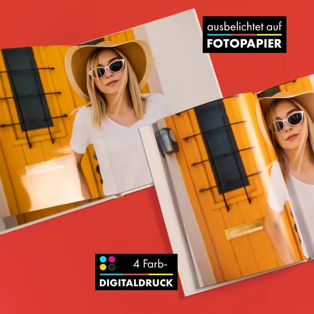 Fotobuch Vergleich: Digitaldruck, Fotopapier ausbelichtet Papiersorten, mit denen du dein Fotobuch online erstellen kannst. Fotobuch mit identischem Foto, einmal im 4-Farb-Digitaldruck und einmal auf Fotopapier ausbelichtet.