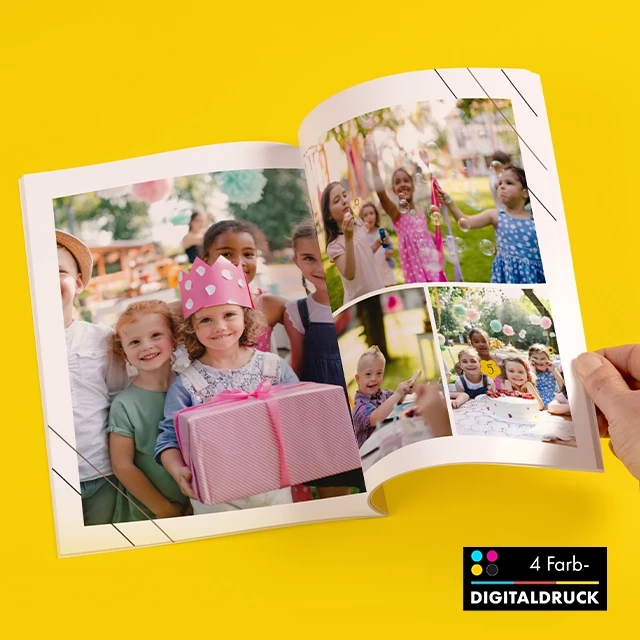 Fotobuch online erstellen als Fotoheft mit Klammerbindung Fotobuch als Fotoheft gestalten und den Kindergeburtstag festhalten. Mit einem oder mehreren Fotos auf der Innenseite, 4-Farb-Digitaldruck, im Hochformat.