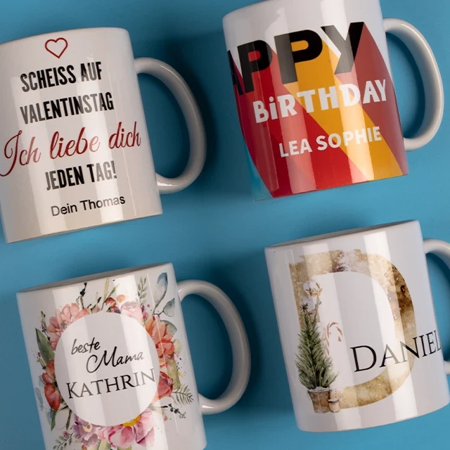 Geburtstagstasse, verschiedene Anlässe, verschiedene Designs Hochwertige Keramik-Tassen mit vier verschiedenen Innen-Designs. Die einzigartigen Tassen lassen sich von außen individuell nach deinen Vorstellungen bedrucken.