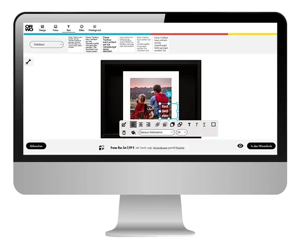 Bildschirm, der den Online-Designer von ORWO zeigt, in dem gerade ein Foto mit Rahmen und Passepartout gestaltet wird. Das geht kinderleicht, probiere es selbst.