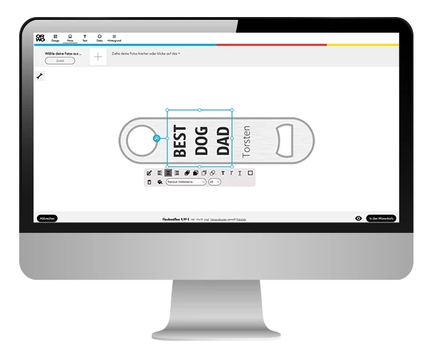 BEST DOG DAD Aufschrift wird gerade im ORWO Online Designer platziert. Gestalte auch du einen Flaschenöffner und lass ihn mit gutem Gewissen von ORWO bedrucken.