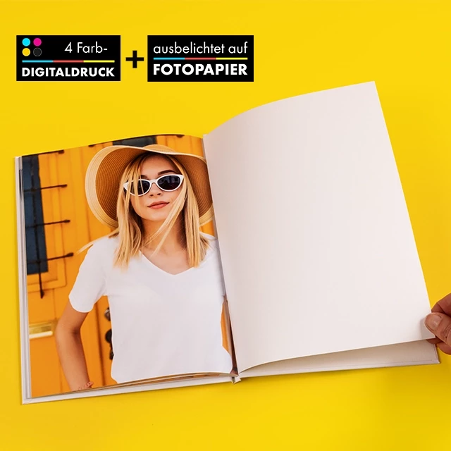 Fotobuch im Digitaldruck oder ausbelichtet auf Fotopapier Fotobuch erstellen und im 4-Farb-Digitaldruck drucken oder auf Fotopapier ausbelichten lassen, Hardcover, Innenseiten mit deinen Fotos gestaltbar, weißes Vorsatzpapier.
