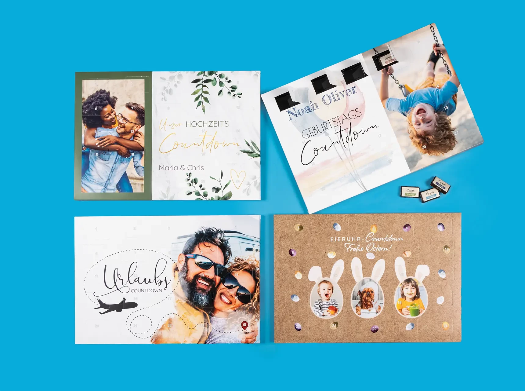 Runterzähl Kalender mit verschiedenen Designvorlagen zu besonderen Anlässen. Egal ob anstehender Urlaub, Geburtstag, Hochzeit oder Feiertage wie Ostern.
